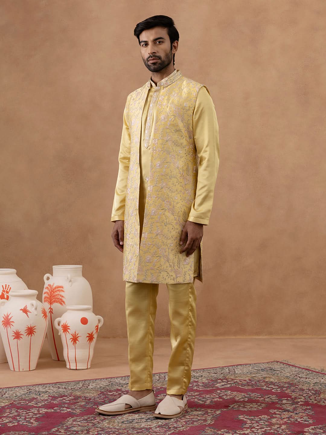 Yellow Long Bundi Kurta Set