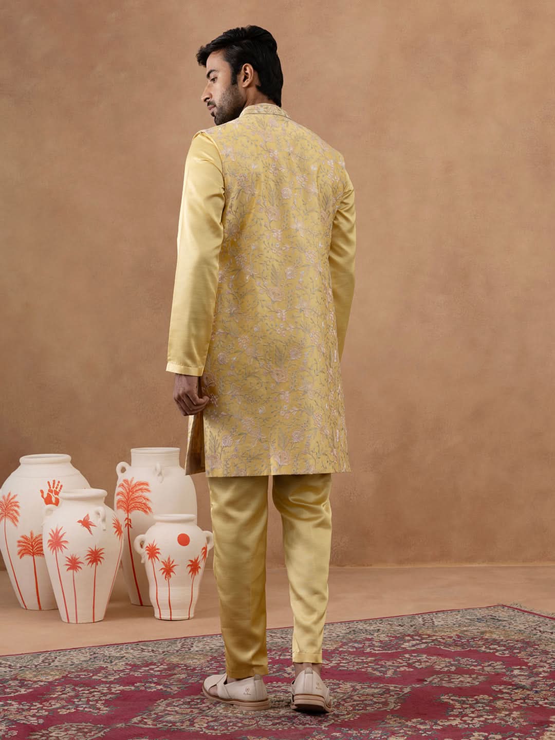 Yellow Long Bundi Kurta Set