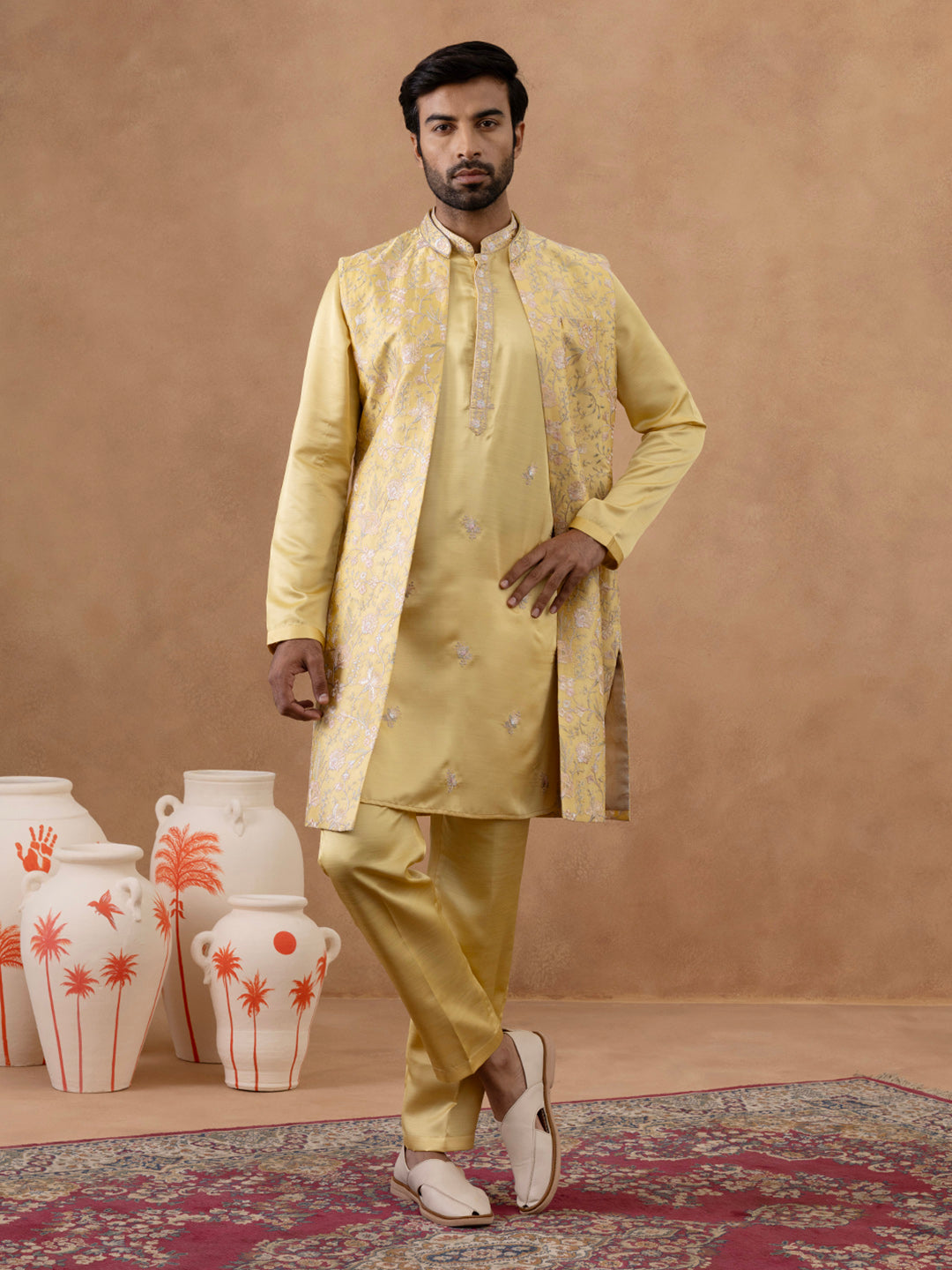 Yellow Long Bundi Kurta Set