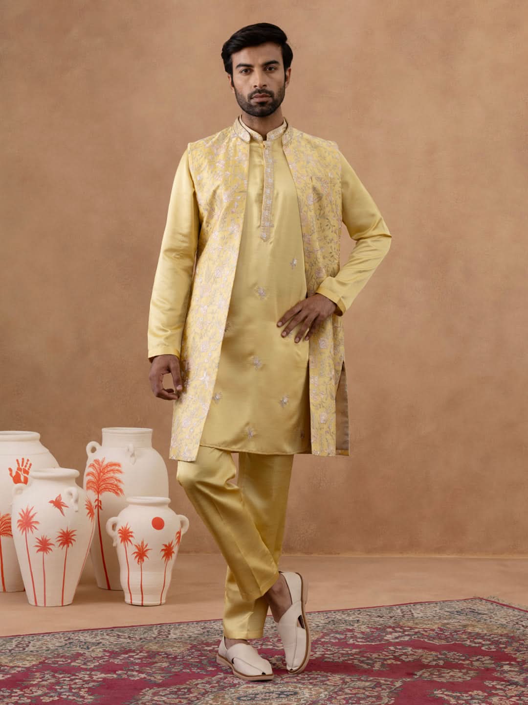 Yellow Long Bundi Kurta Set