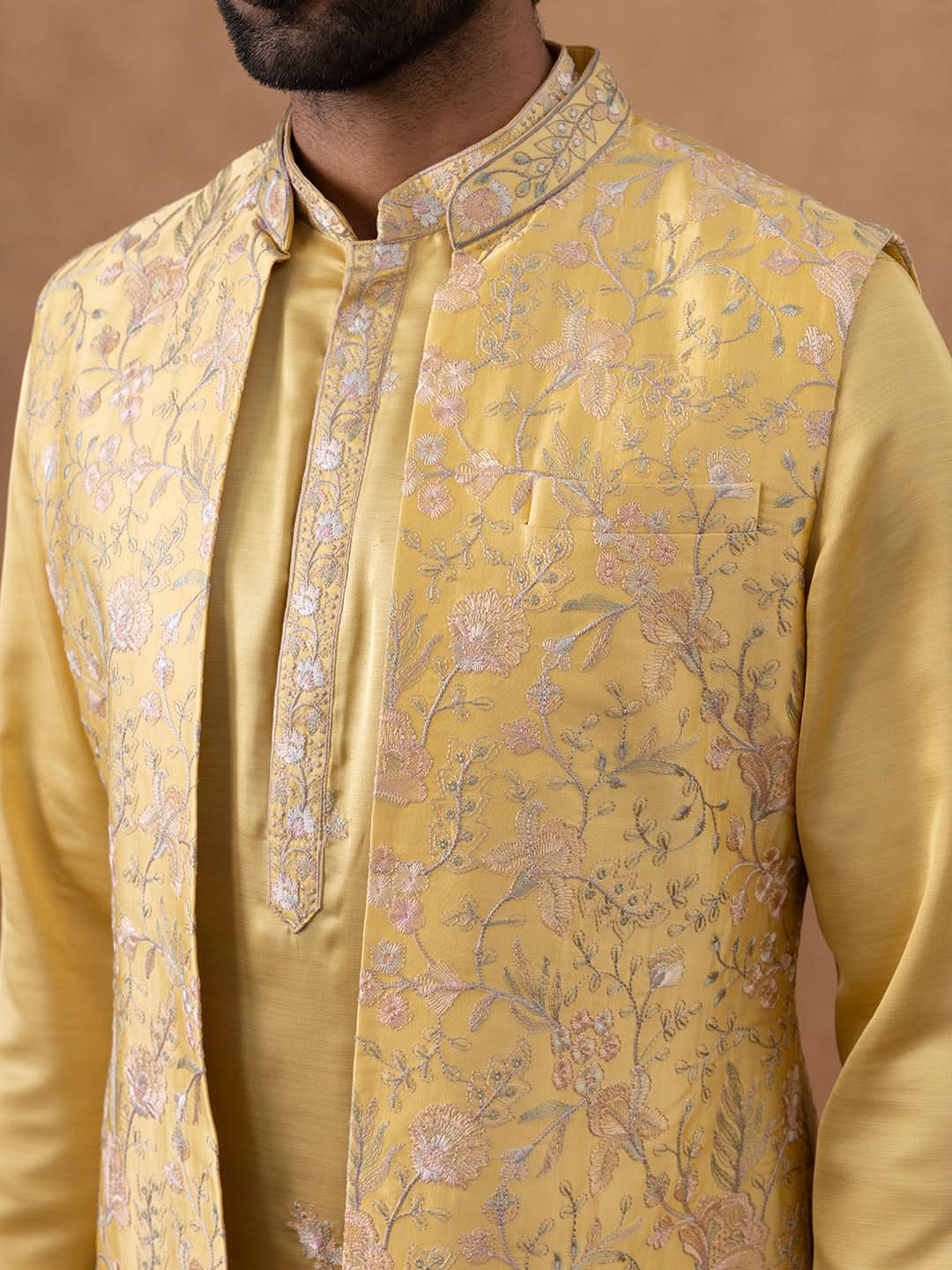Yellow Long Bundi Kurta Set