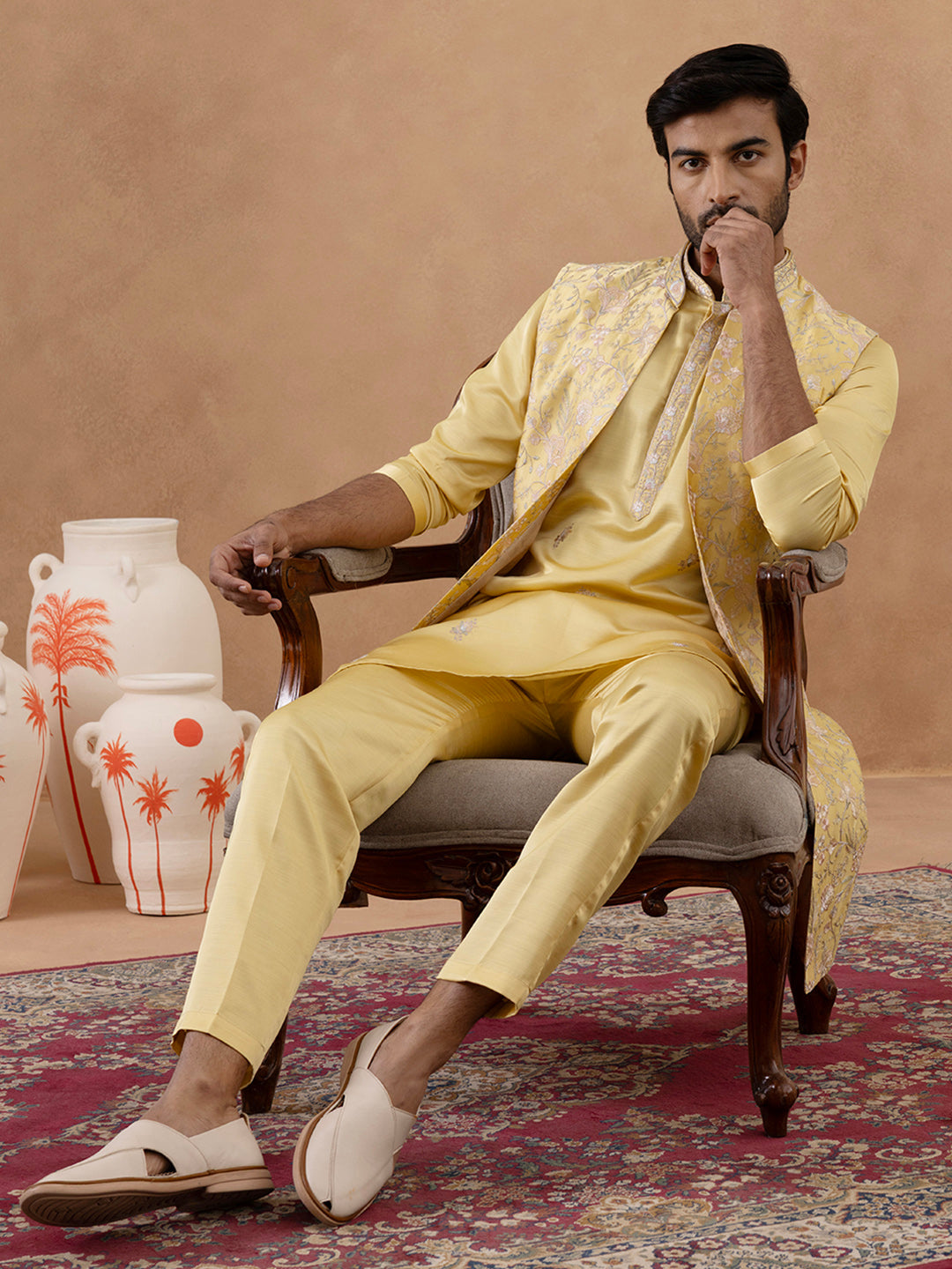 Yellow Long Bundi Kurta Set