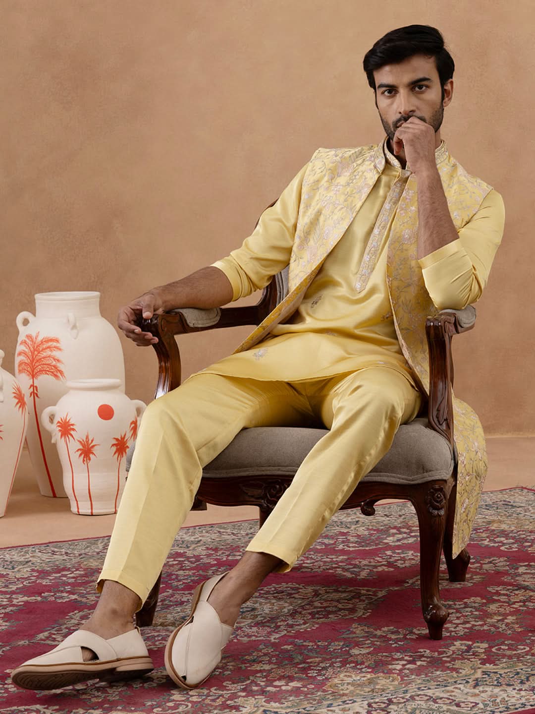 Yellow Long Bundi Kurta Set