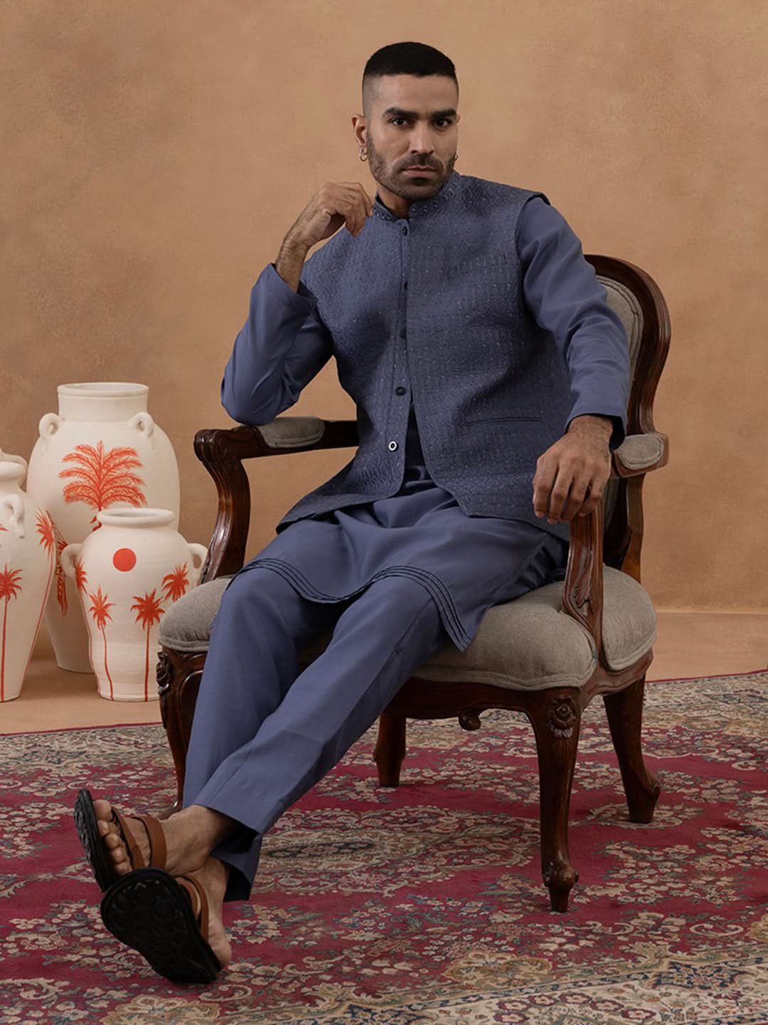 Steel Blue Grey Embroidered Long Jacket Kurta Set