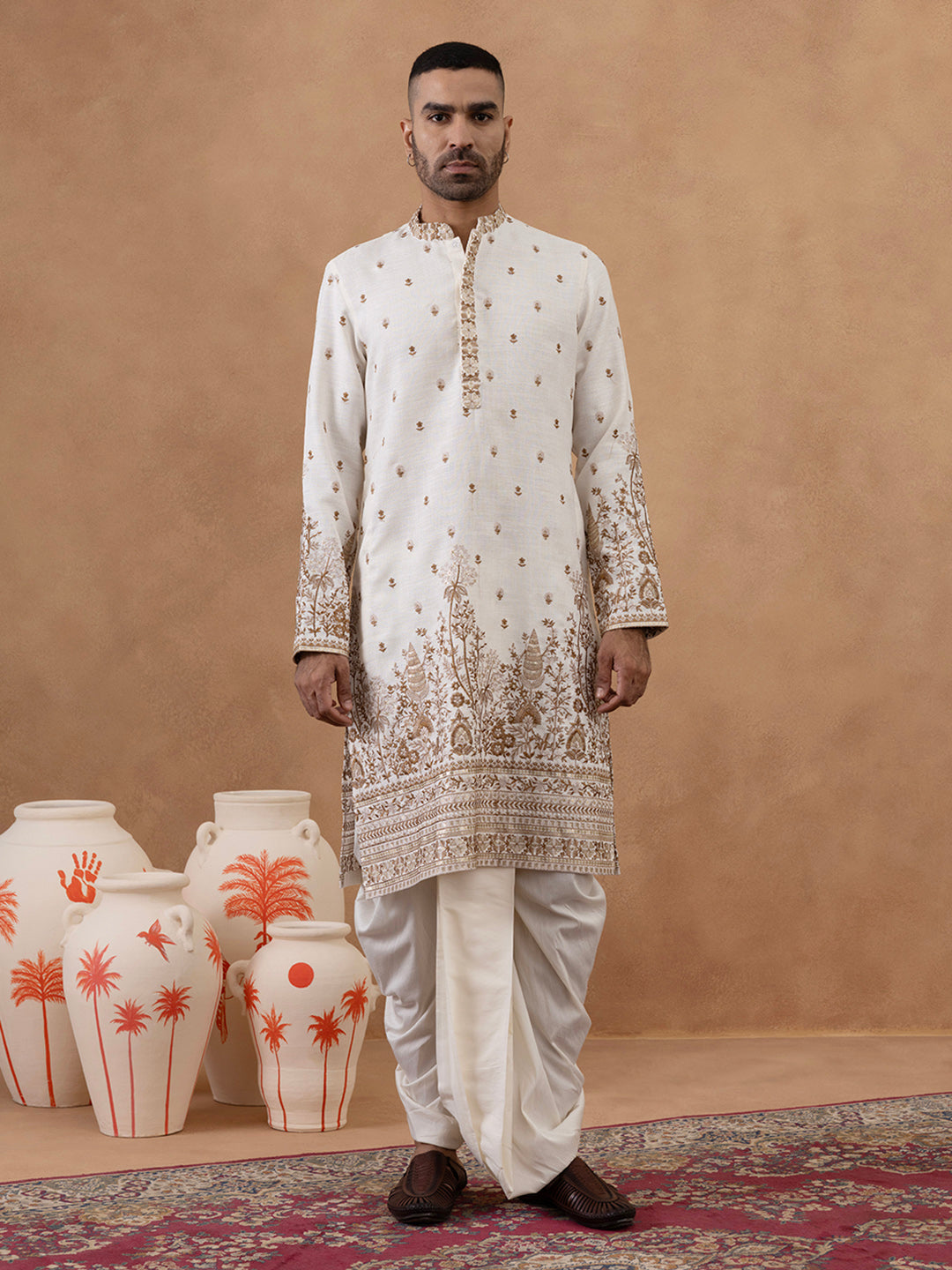 Cream Kurta with Detailed Front Machine Embroidery