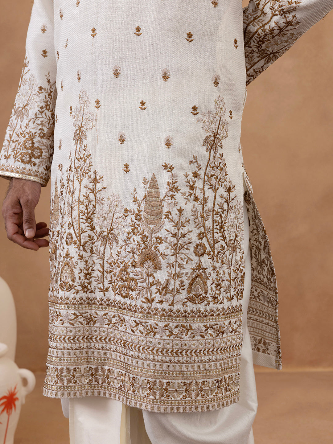 Cream Kurta with Detailed Front Machine Embroidery