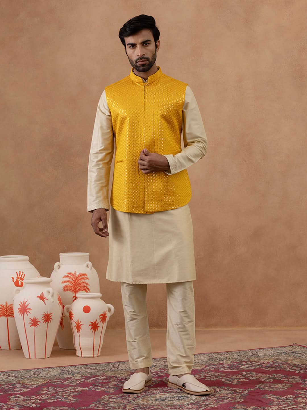 Yellow Sequin embroidered Bundi Kurta Set