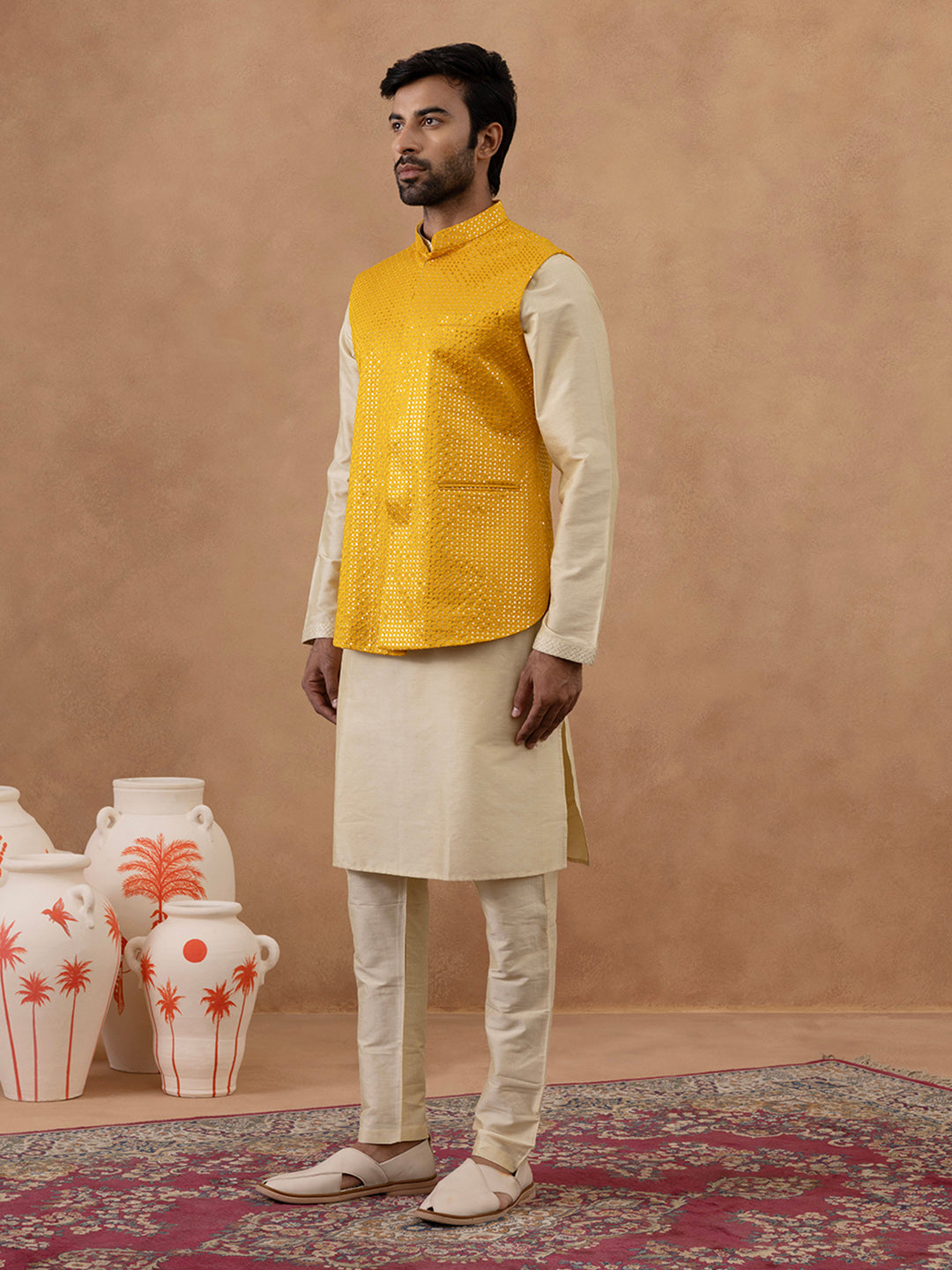 Yellow Sequin embroidered Bundi Kurta Set