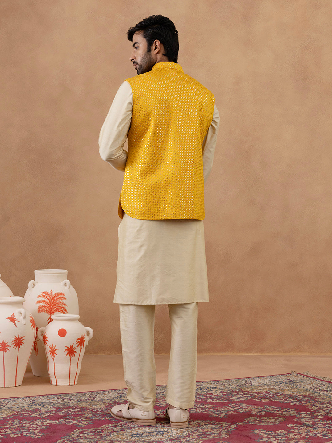 Yellow Sequin embroidered Bundi Kurta Set
