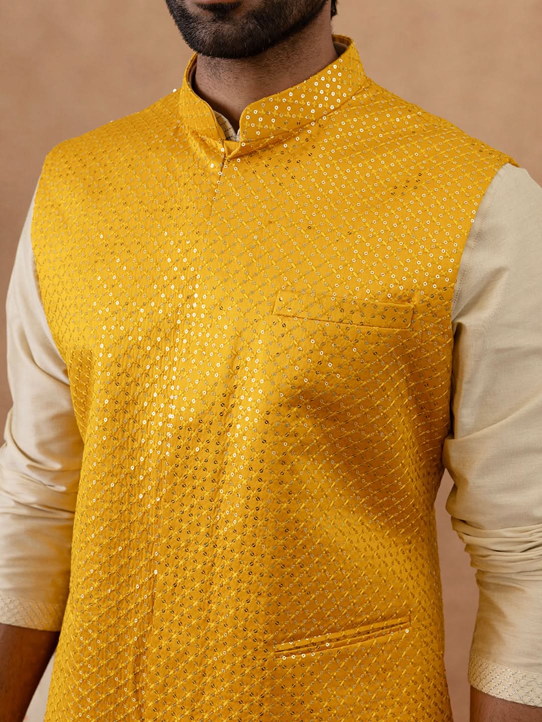 Yellow Sequin embroidered Bundi Kurta Set