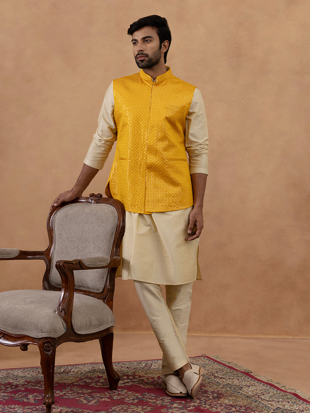 Yellow Sequin embroidered Bundi Kurta Set