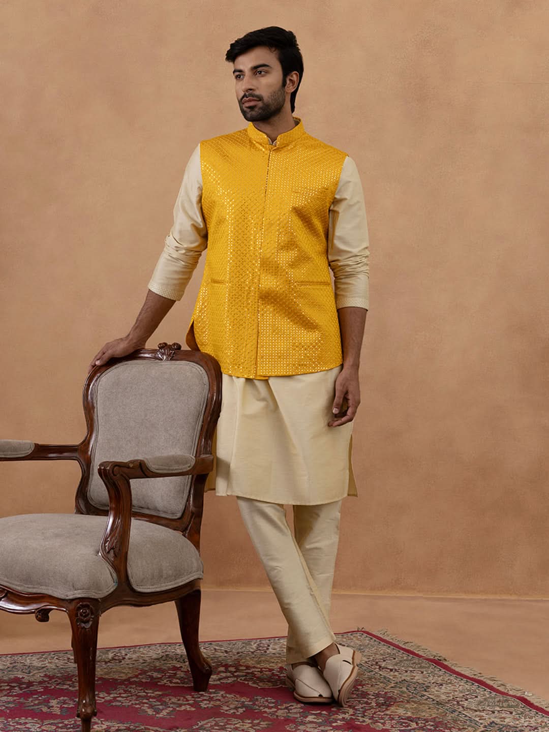 Yellow Sequin embroidered Bundi Kurta Set