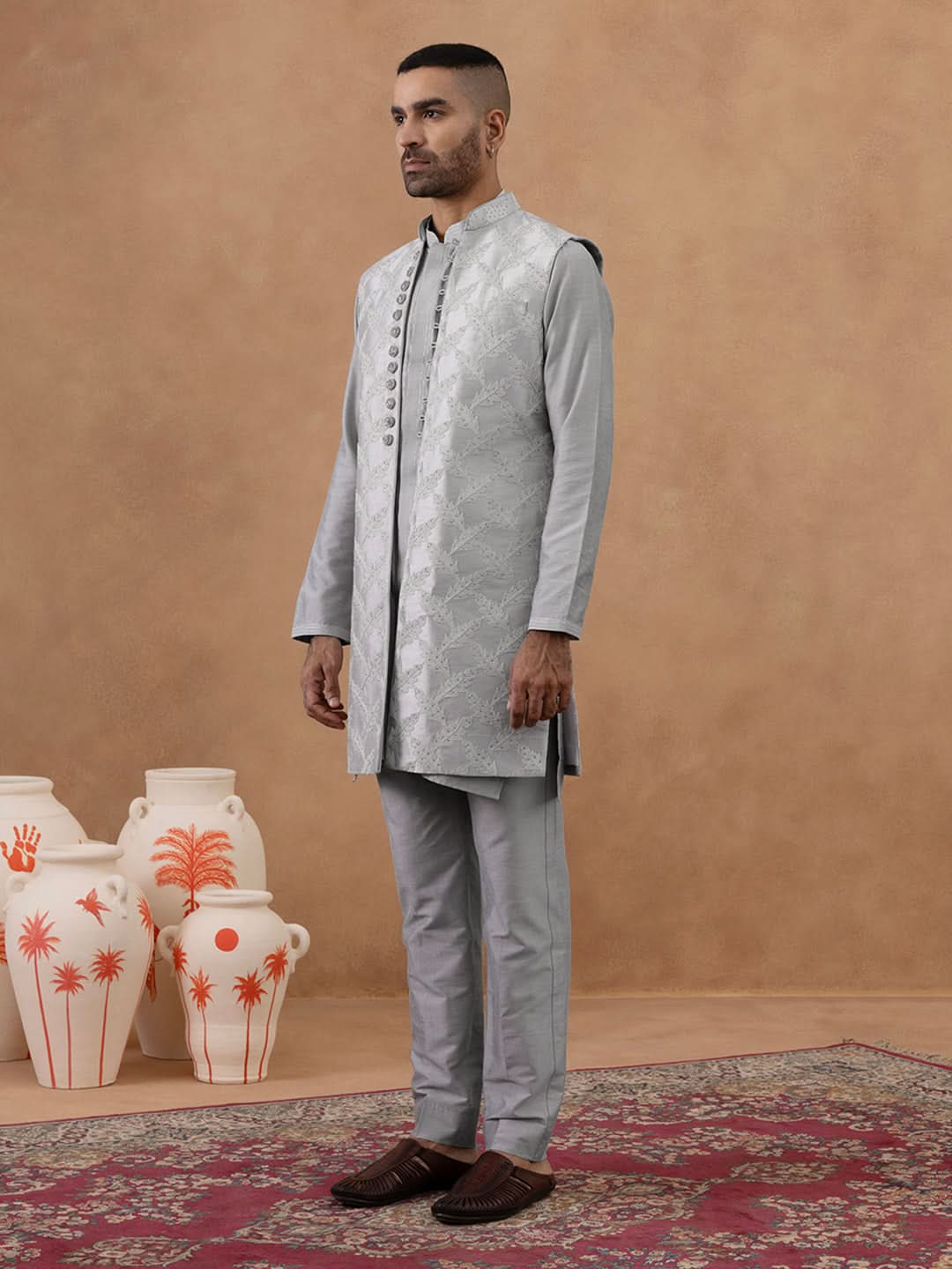 Grey Thread-Embroidered Long Bundi Kurta Set