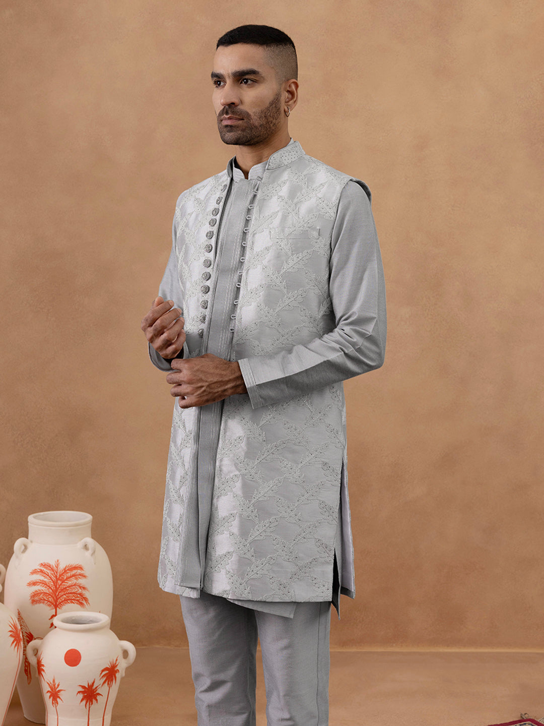 Grey Thread-Embroidered Long Bundi Kurta Set