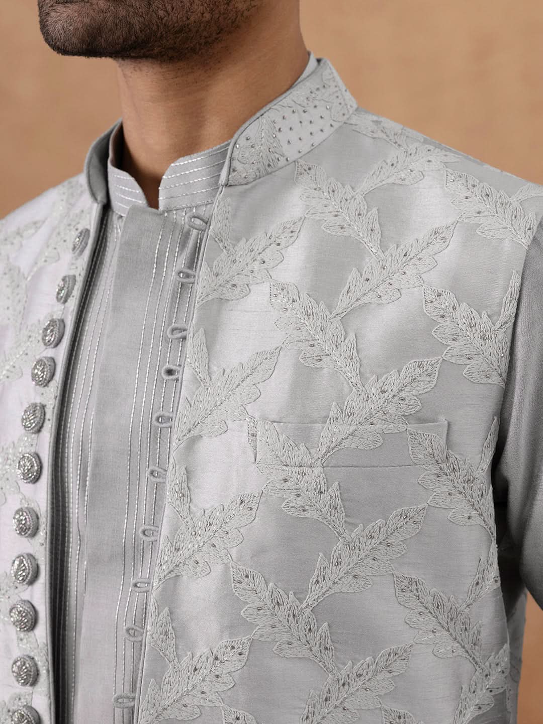 Grey Thread-Embroidered Long Bundi Kurta Set