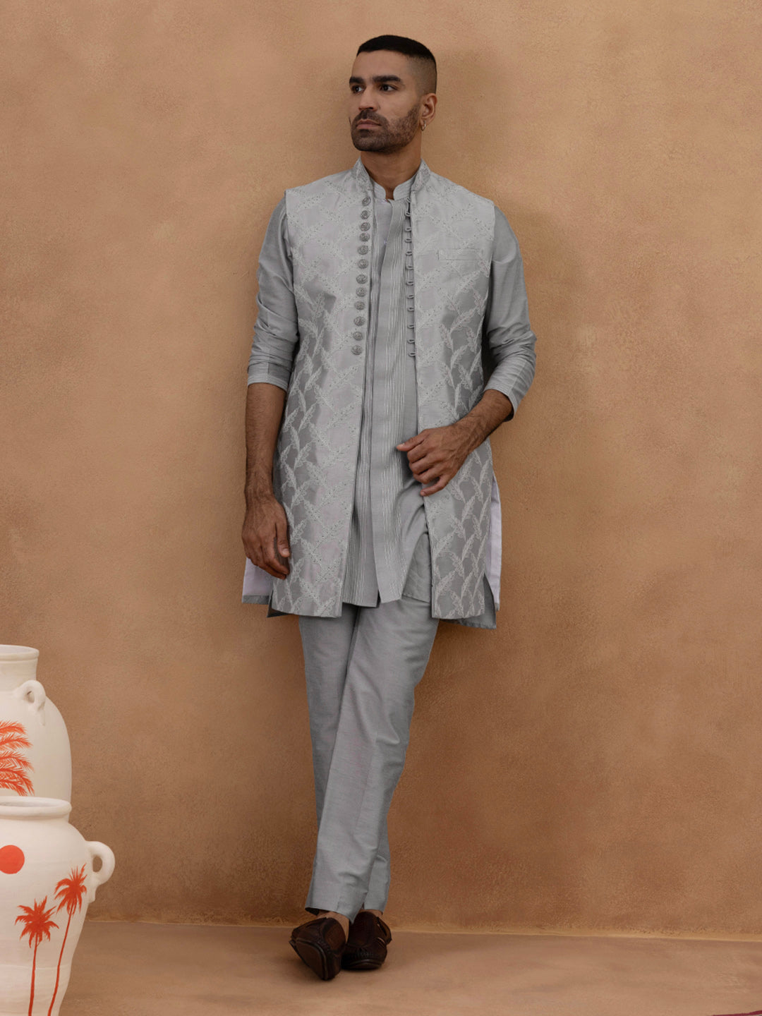 Grey Thread-Embroidered Long Bundi Kurta Set