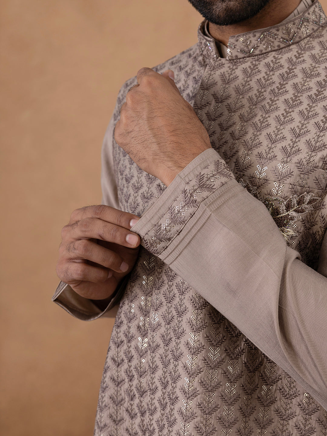 Light Brown Self-Embroidered Jacket Kurta Set