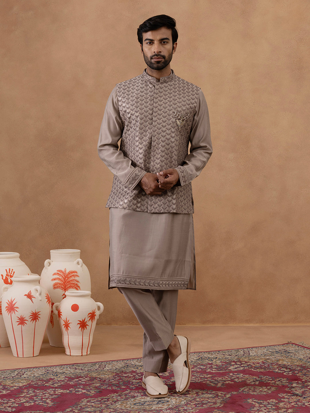 Light Brown Self-Embroidered Jacket Kurta Set