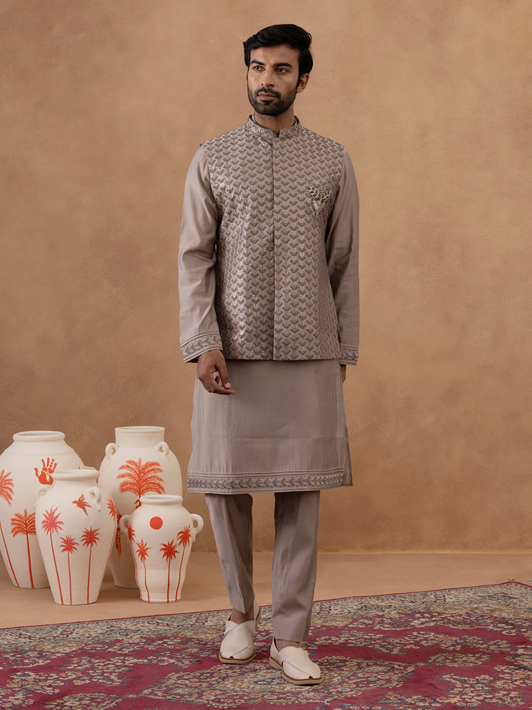 Light Brown Self-Embroidered Jacket Kurta Set