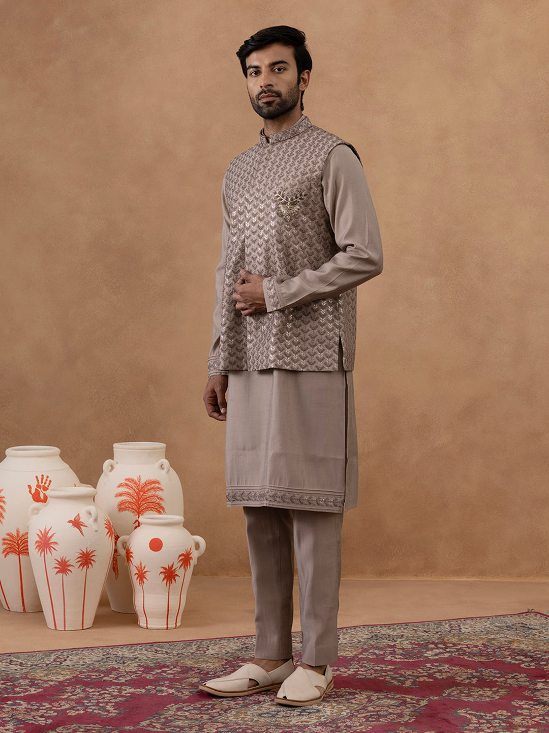 Light Brown Self-Embroidered Jacket Kurta Set