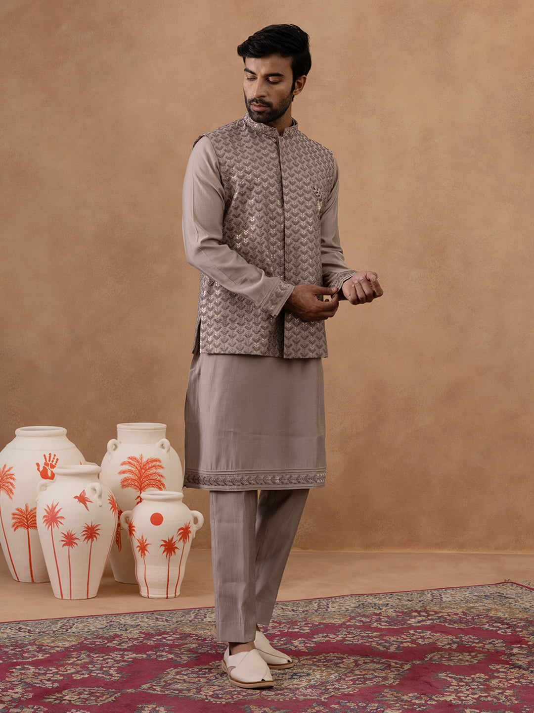Light Brown Self-Embroidered Jacket Kurta Set