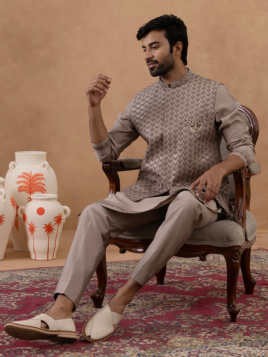 Light Brown Self-Embroidered Jacket Kurta Set