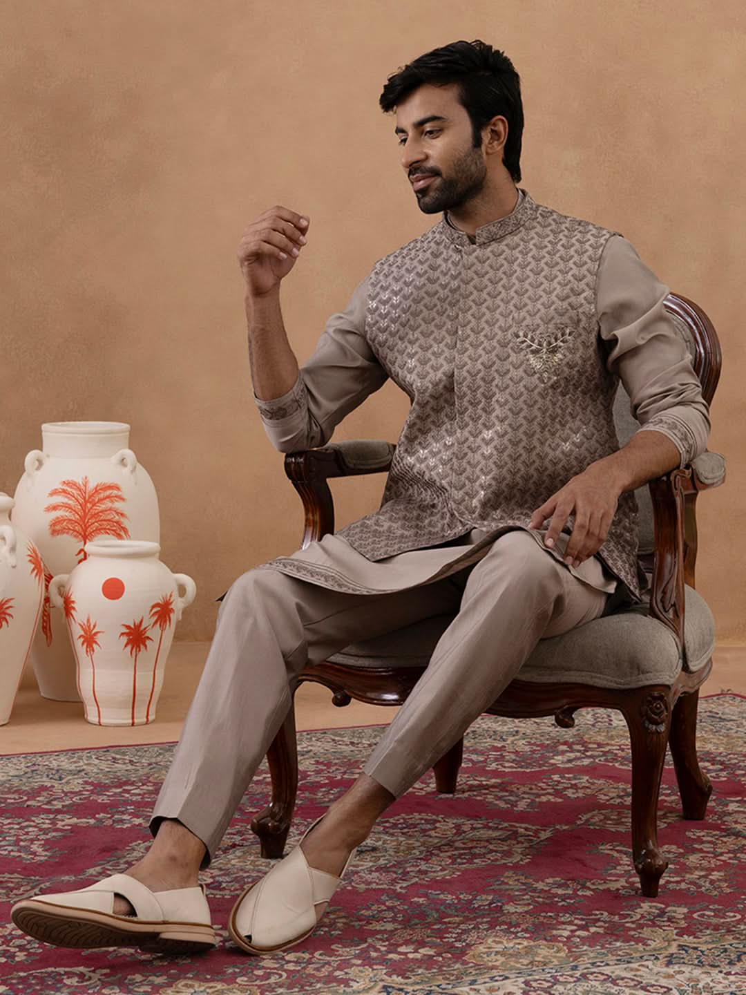 Light Brown Self-Embroidered Jacket Kurta Set