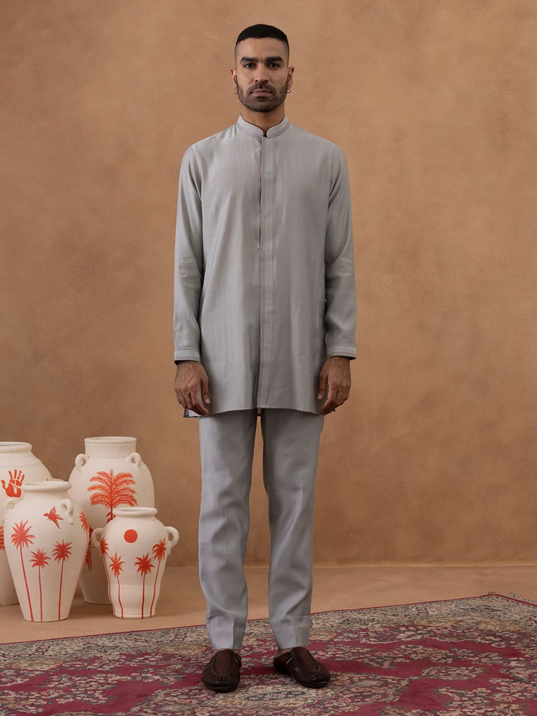 Grey Embroidered Indo-Western Jacket Kurta Set