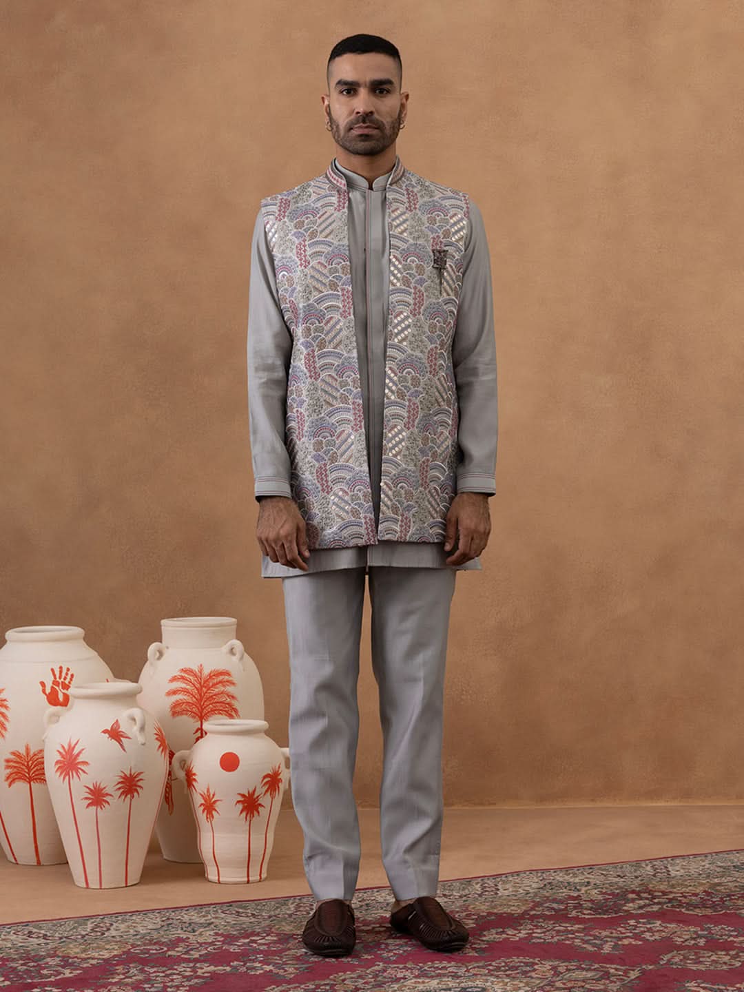 Grey Embroidered Indo-Western Jacket Kurta Set