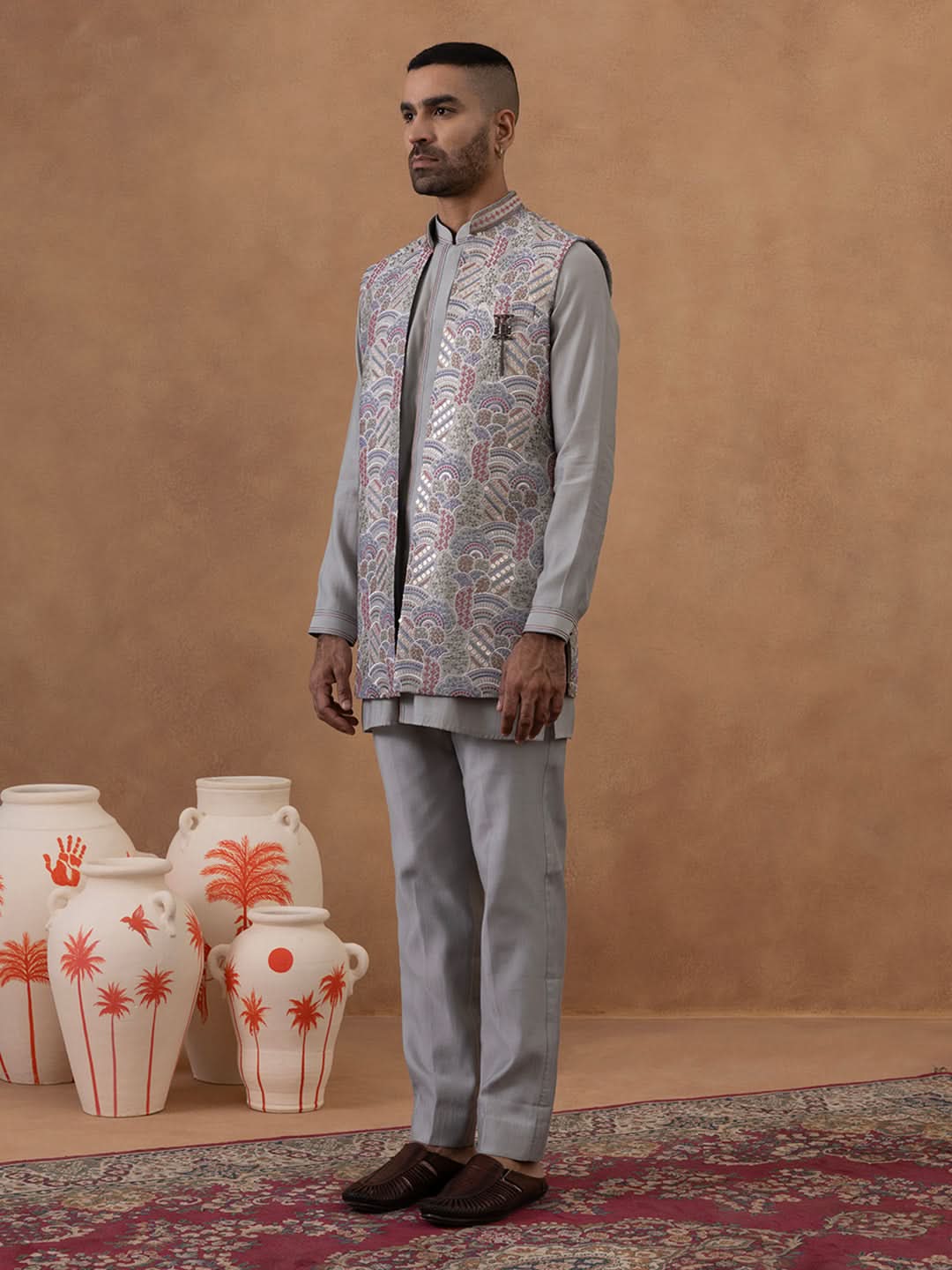 Grey Embroidered Indo-Western Jacket Kurta Set