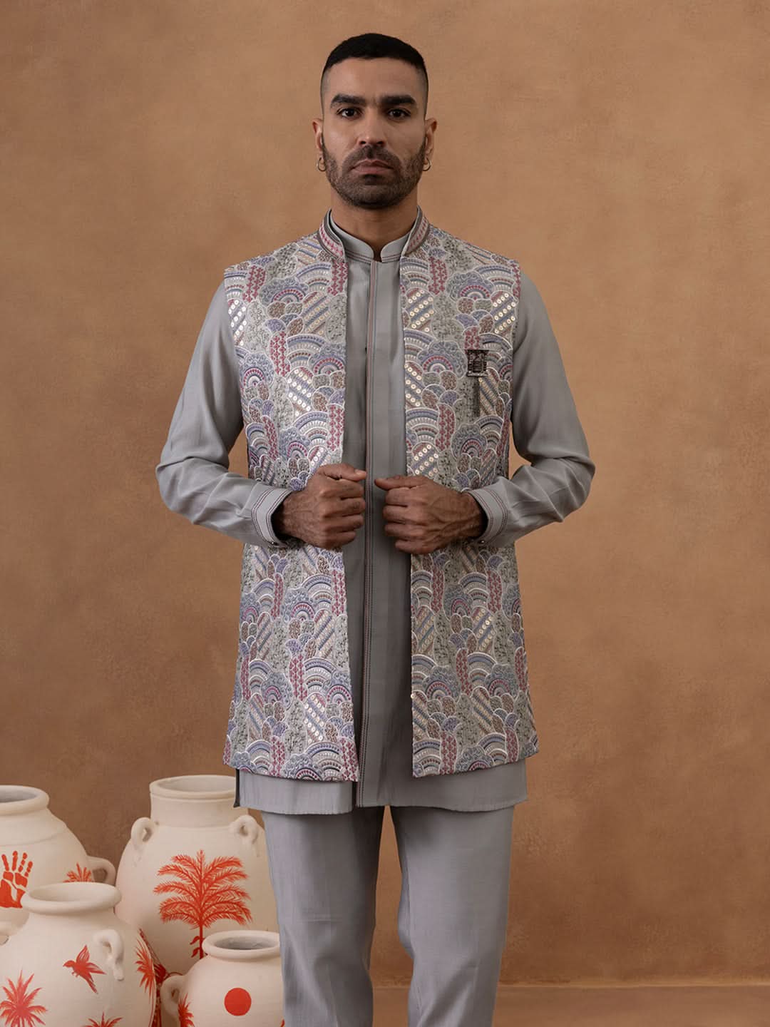 Grey Embroidered Indo-Western Jacket Kurta Set