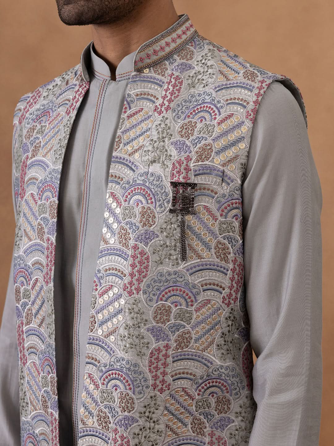 Grey Embroidered Indo-Western Jacket Kurta Set