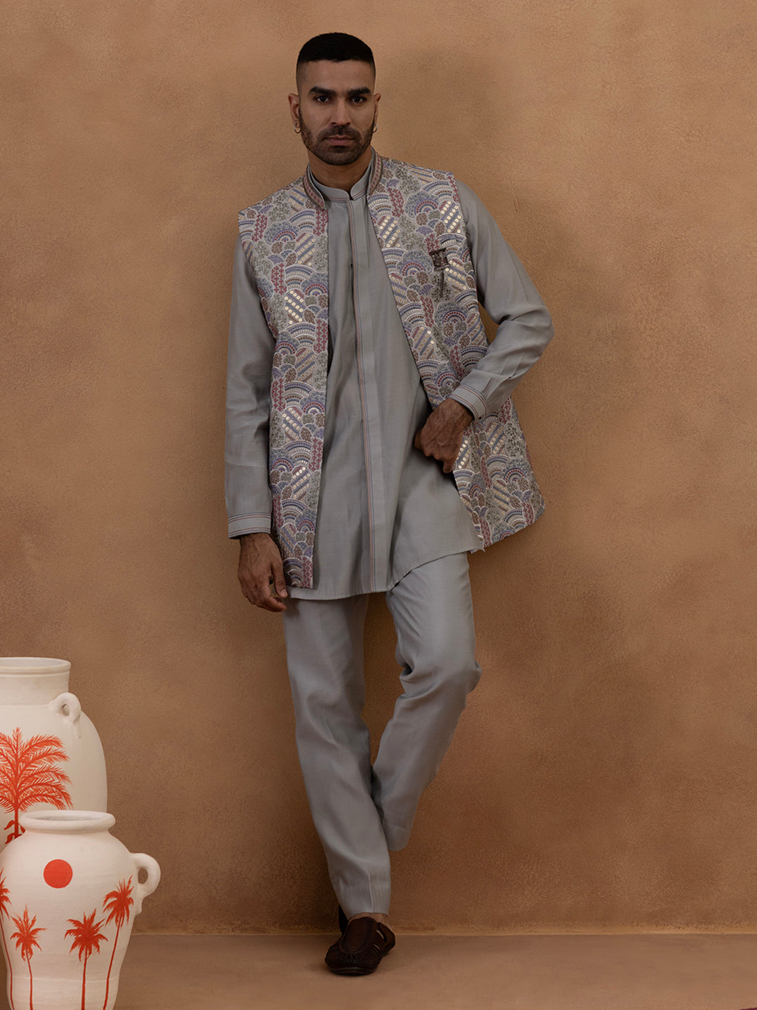 Grey Embroidered Indo-Western Jacket Kurta Set