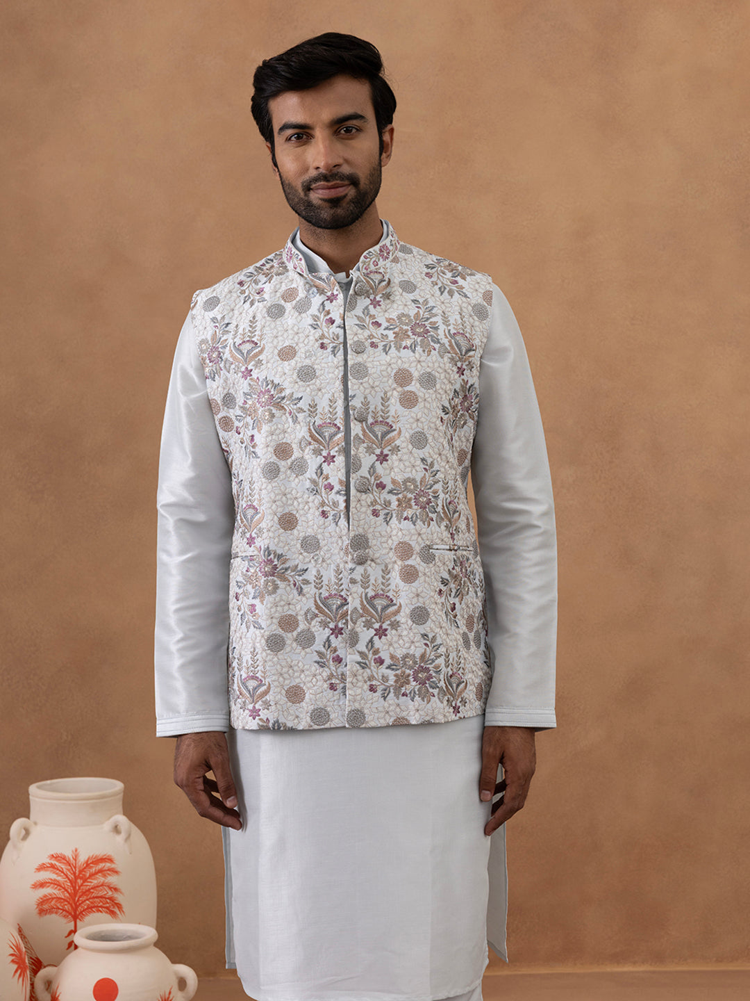 Ice Blue Floral Embroidered Bundi with Kurta Set