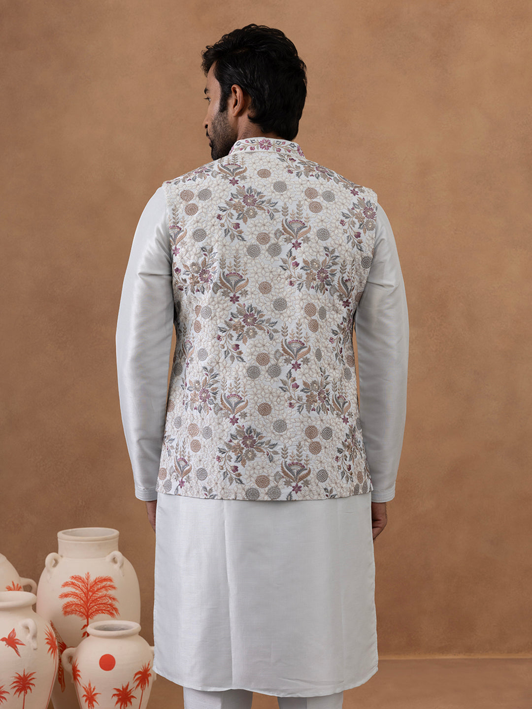 Ice Blue Floral Embroidered Bundi with Kurta Set