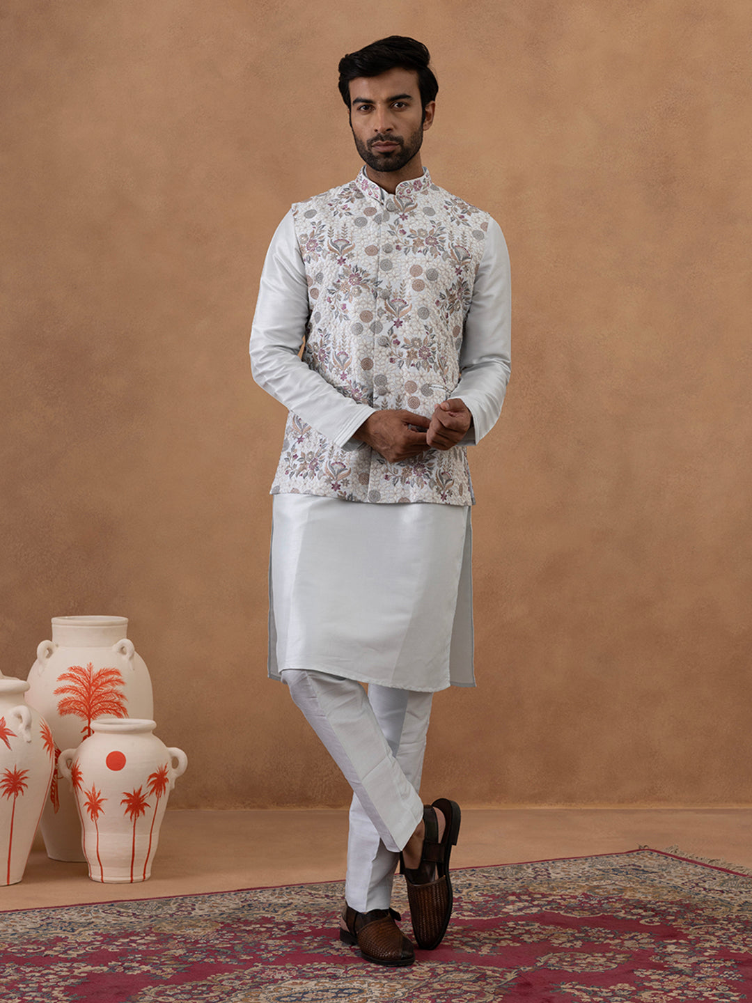 Ice Blue Floral Embroidered Bundi with Kurta Set