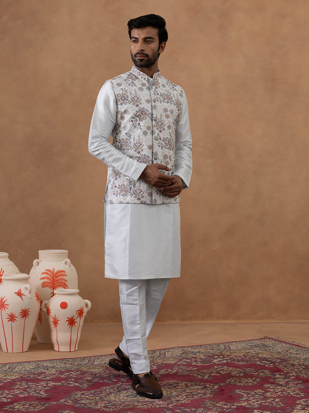Ice Blue Floral Embroidered Bundi with Kurta Set