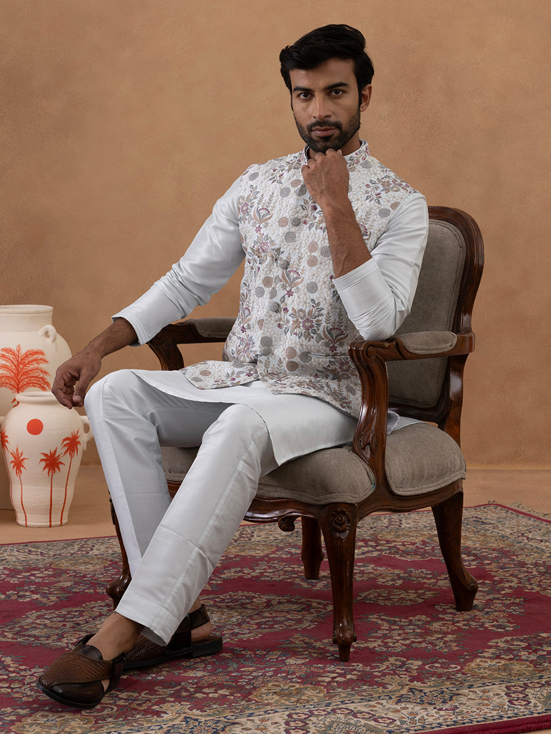 Ice Blue Floral Embroidered Bundi with Kurta Set