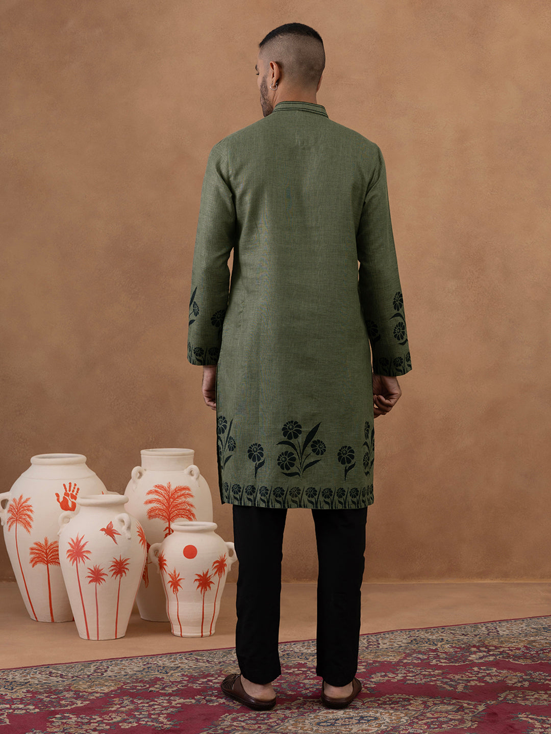 Olive Green Kurta with Black Floral Embroidery Set