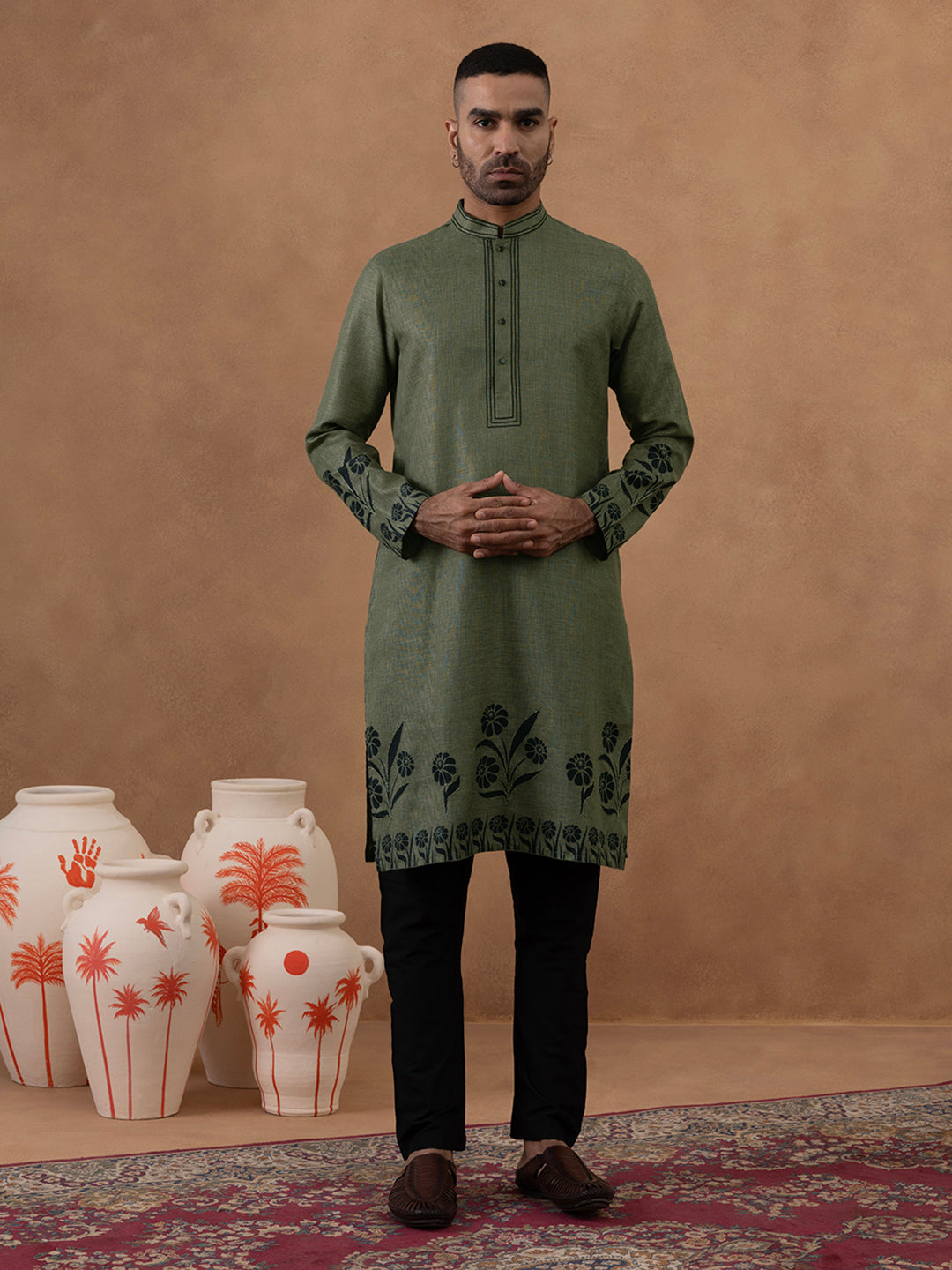 Olive Green Kurta with Black Floral Embroidery Set