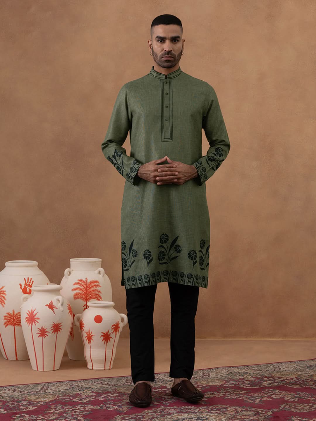 Olive Green Kurta with Black Floral Embroidery Set