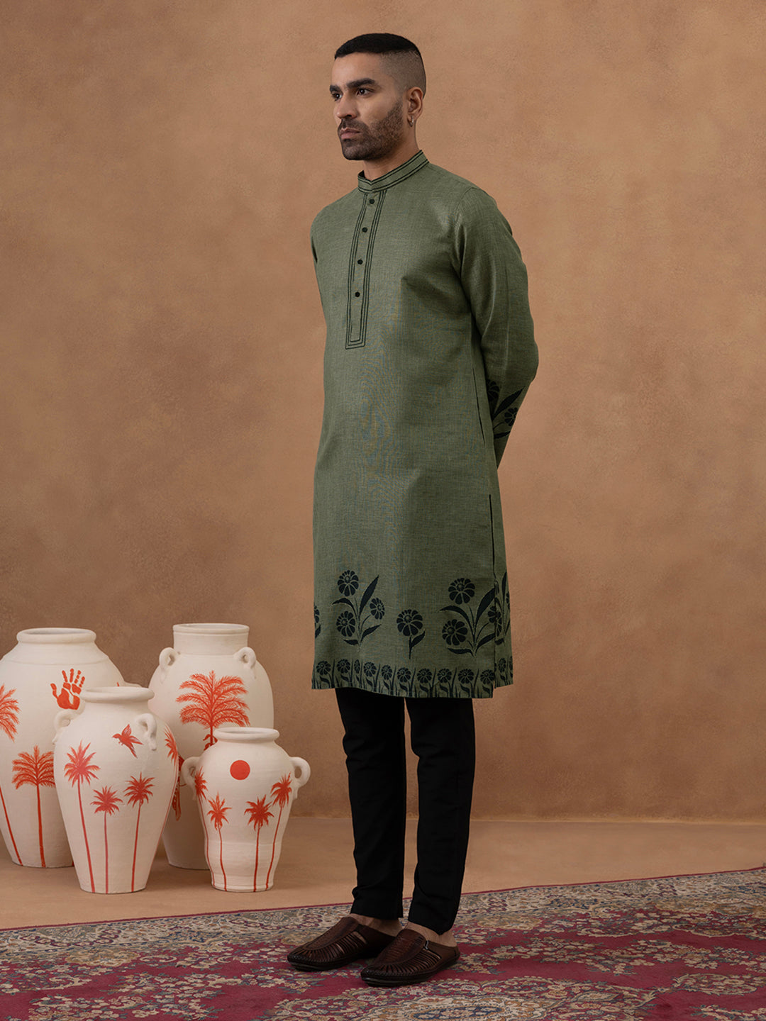Olive Green Kurta with Black Floral Embroidery Set
