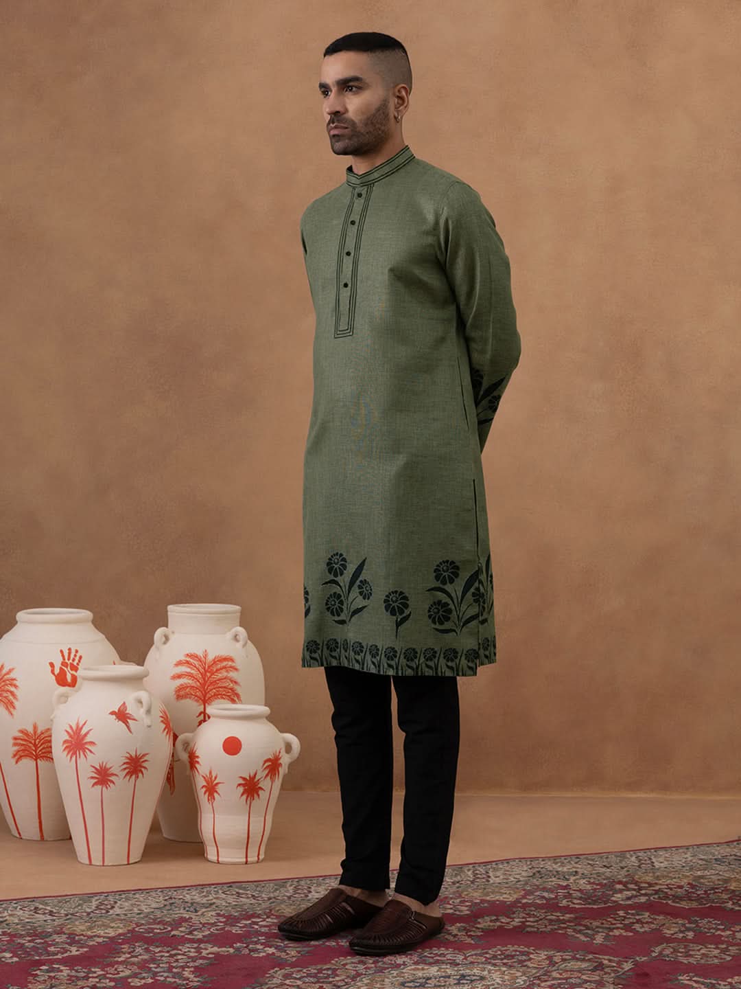 Olive Green Kurta with Black Floral Embroidery Set