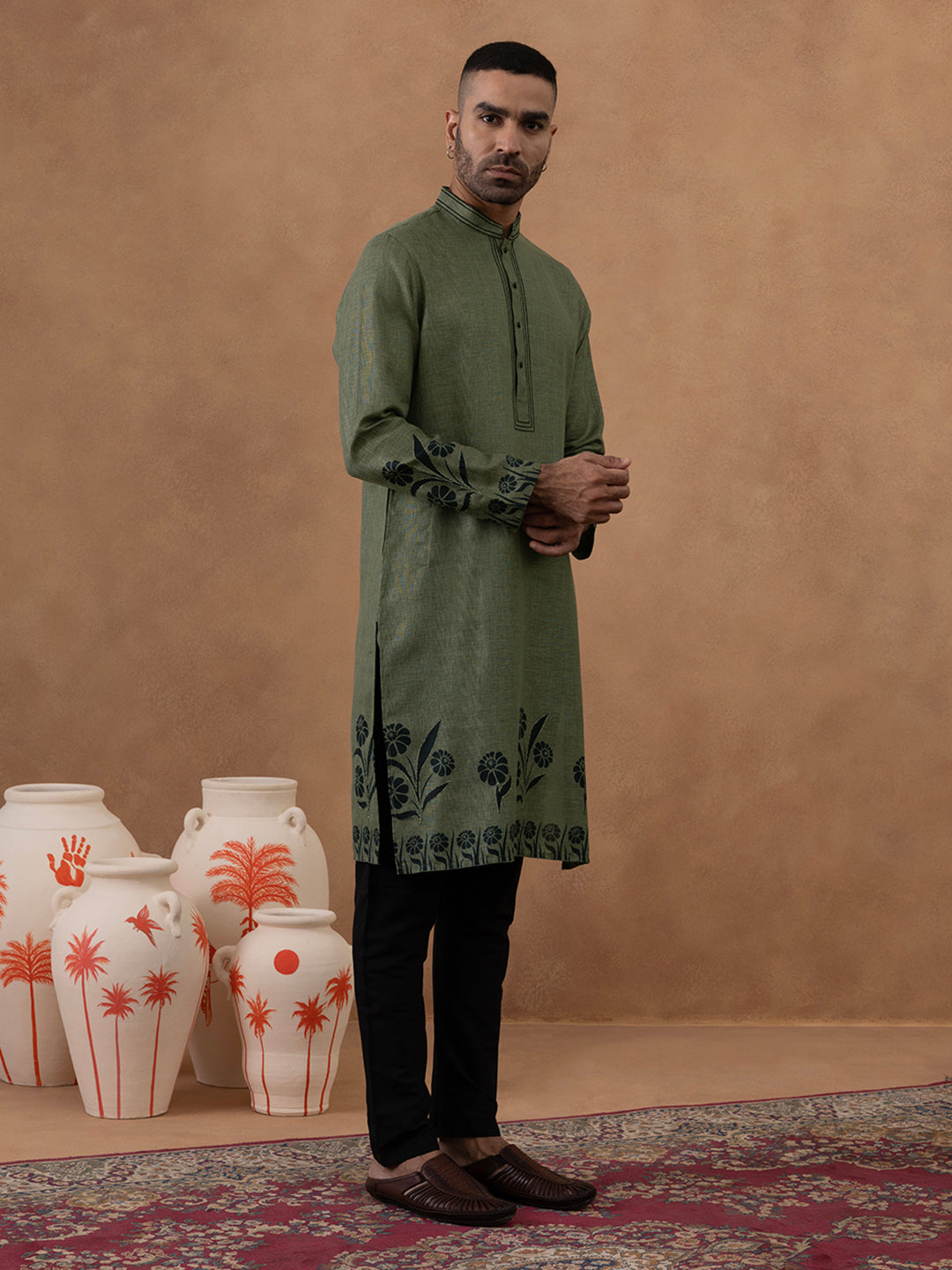 Olive Green Kurta with Black Floral Embroidery Set