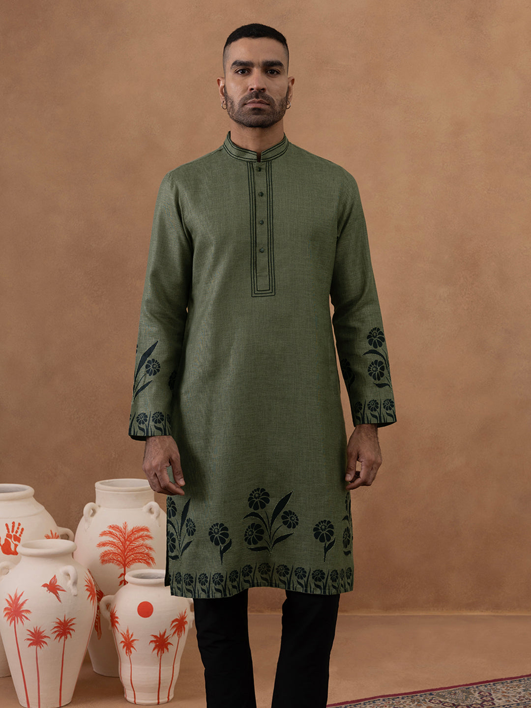 Olive Green Kurta with Black Floral Embroidery Set