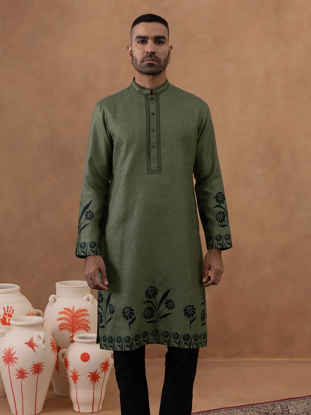 Olive Green Kurta with Black Floral Embroidery Set