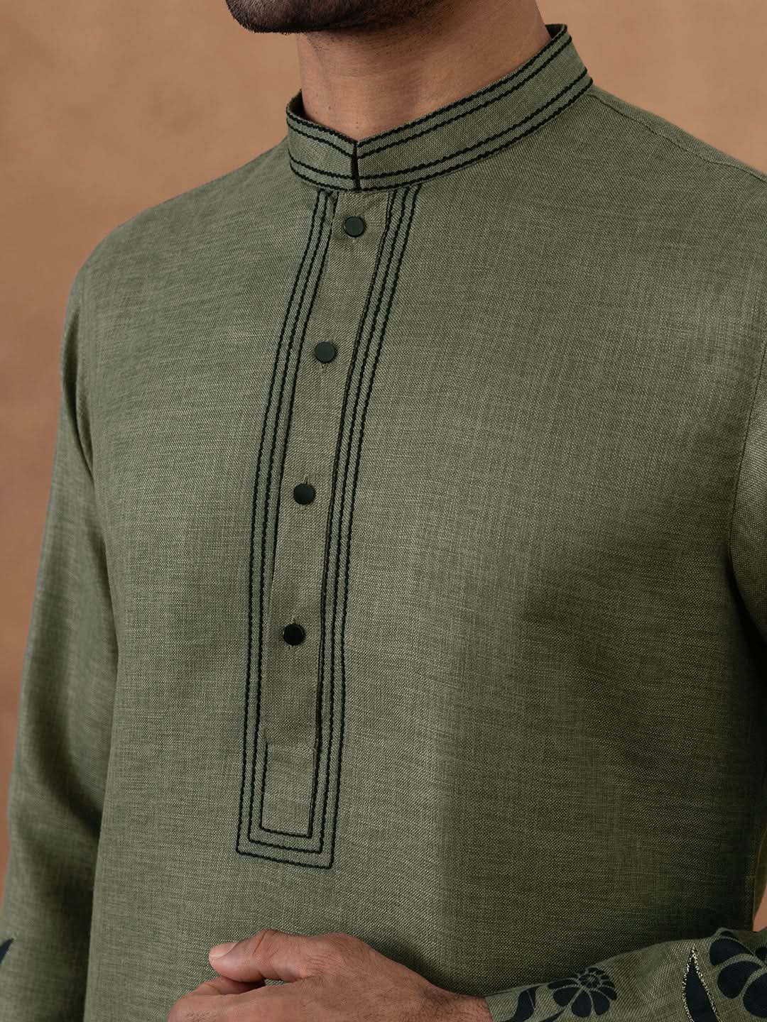 Olive Green Kurta with Black Floral Embroidery Set