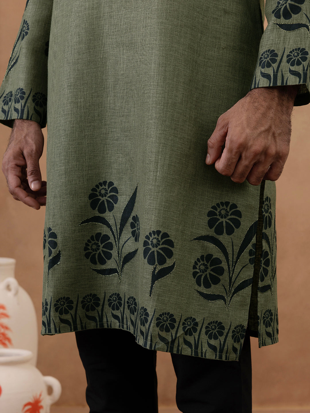 Olive Green Kurta with Black Floral Embroidery Set