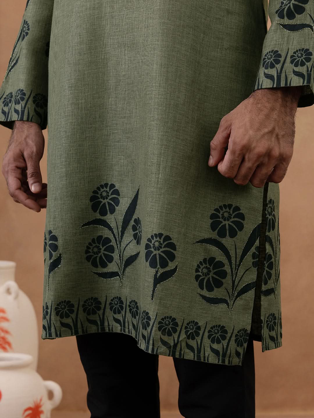 Olive Green Kurta with Black Floral Embroidery Set