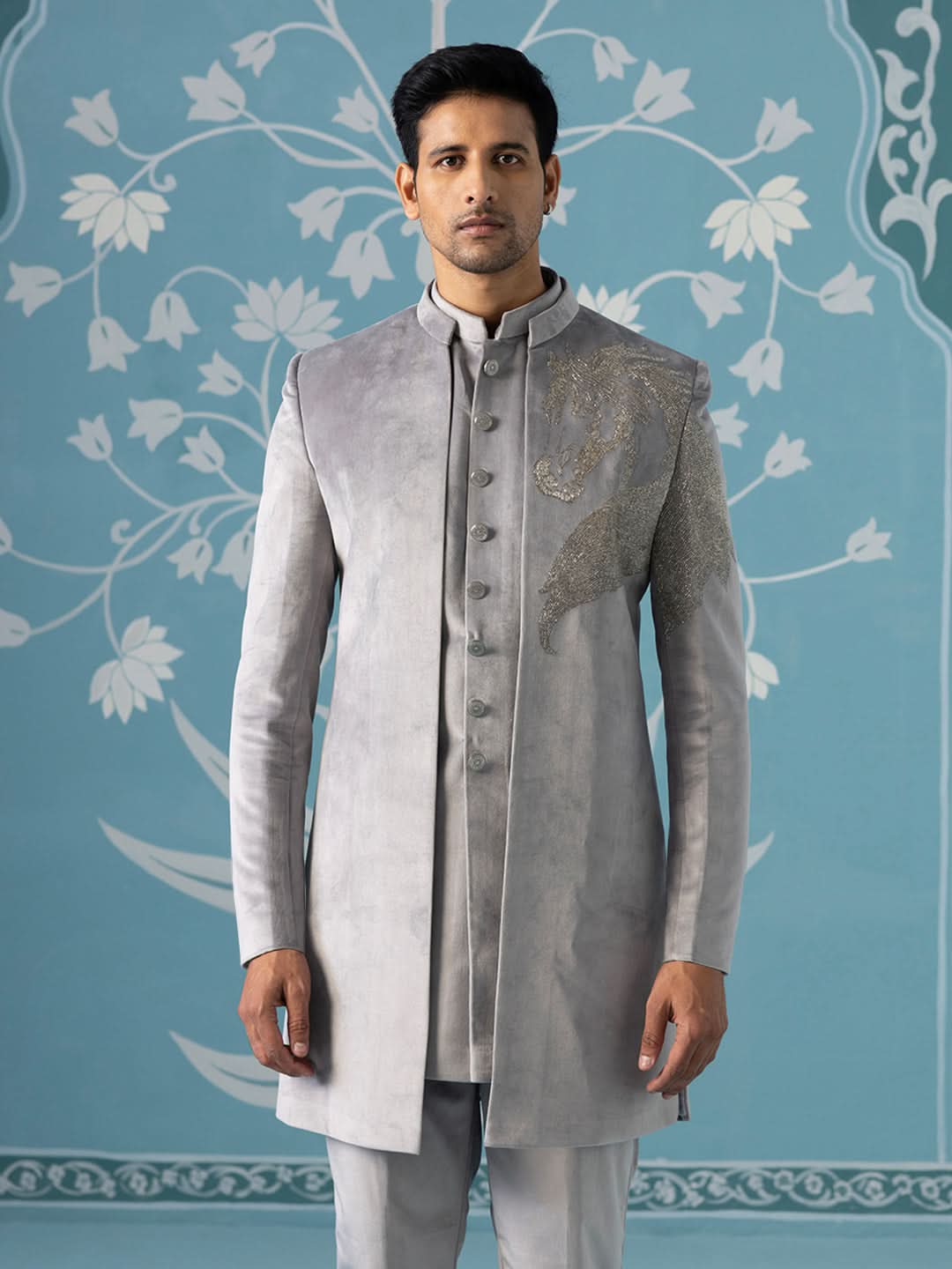 Grey Horse-Embroidered Indo Pant Set